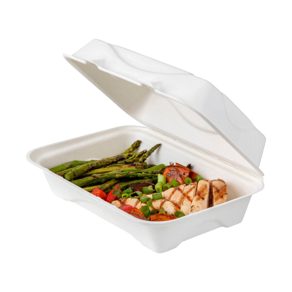 Eco-Products Vanguard 9x6x3 Compostable Sugarcane Clamshells (QTY 250), SKU EP-HC96NFA
