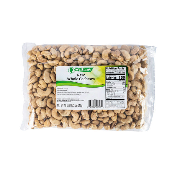 Package of raw whole cashews with a label on a white background Eillien's Raw Cashews