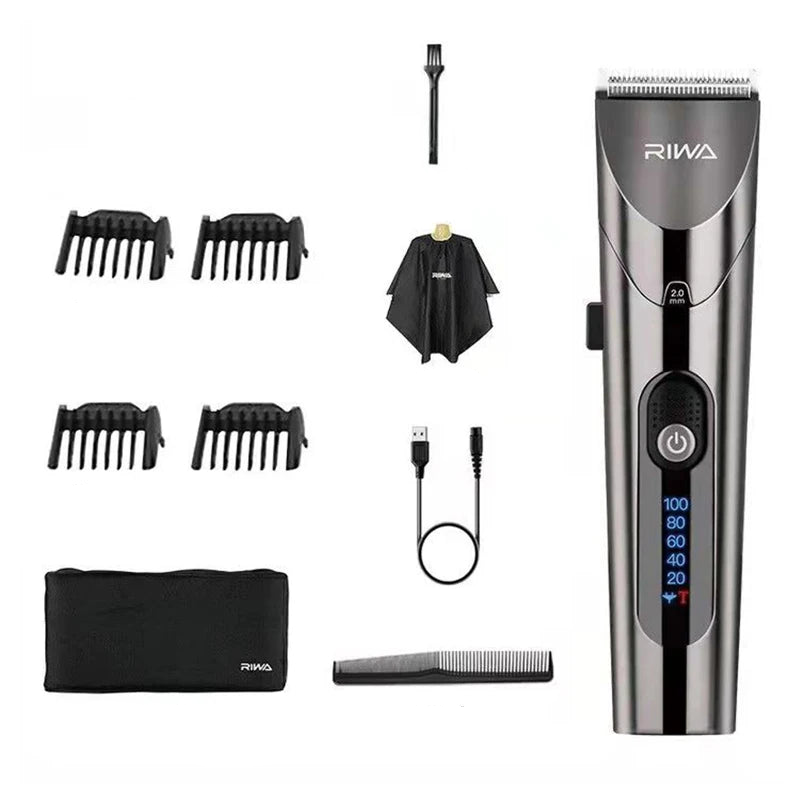 Hair trimmer set with attachments and accessories on a white background