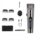 Hair trimmer set with attachments and accessories on a white background