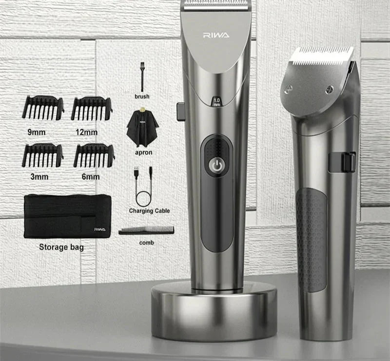 Hair trimmer set with attachments on a gray surface