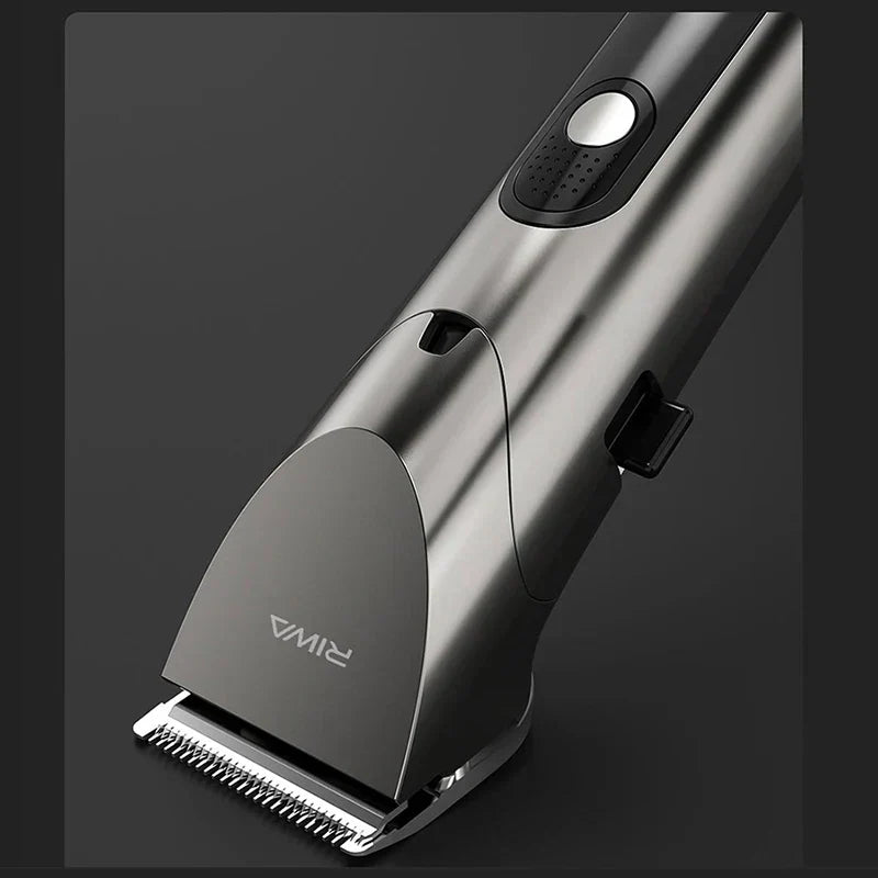 Hair clipper with brand logo on a dark background