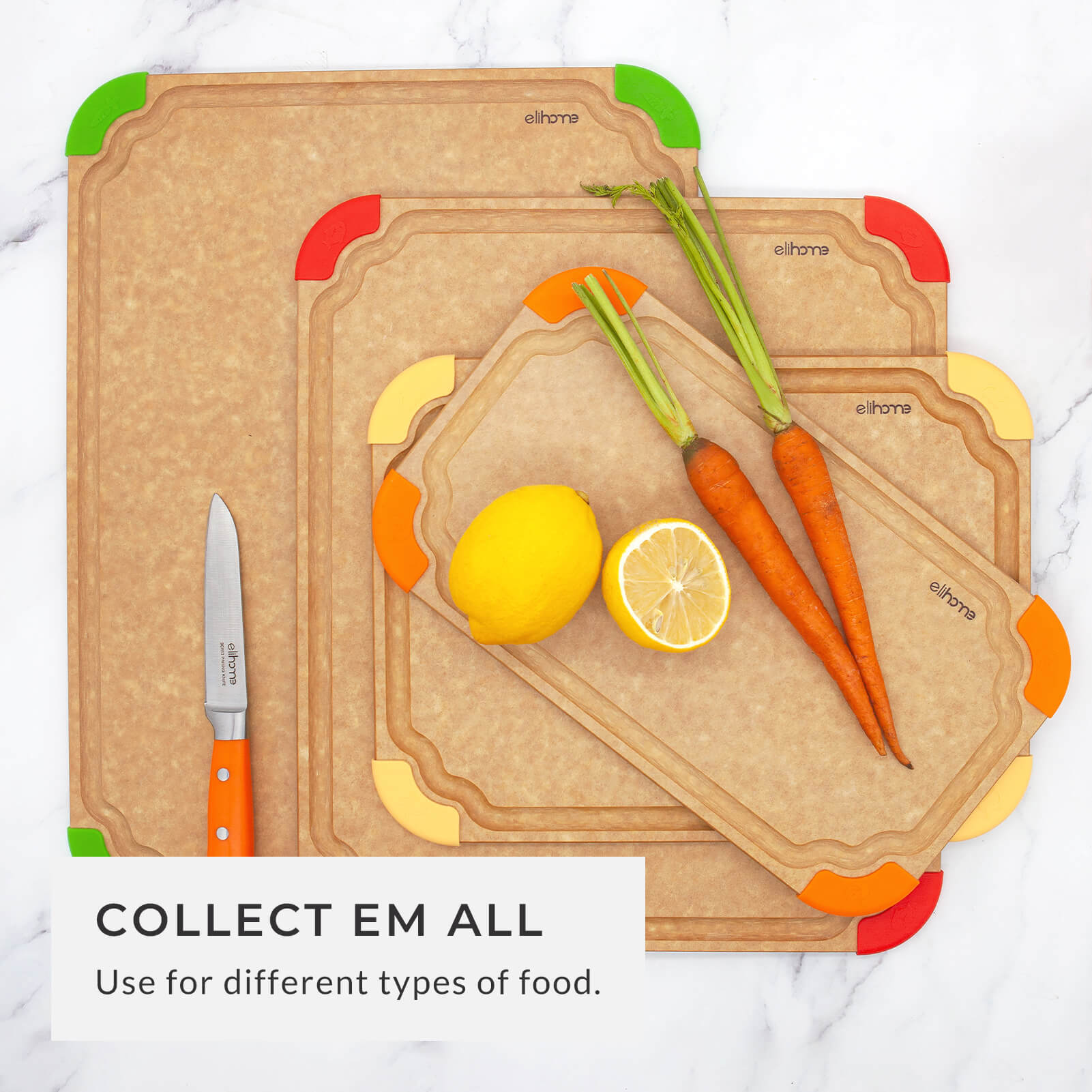 Stack of color-coded non-slip cutting boards with carrots, lemon, celery, and a chef's knife, showcasing multiple sizes for safe, organized food preparation and cross-contamination prevention.