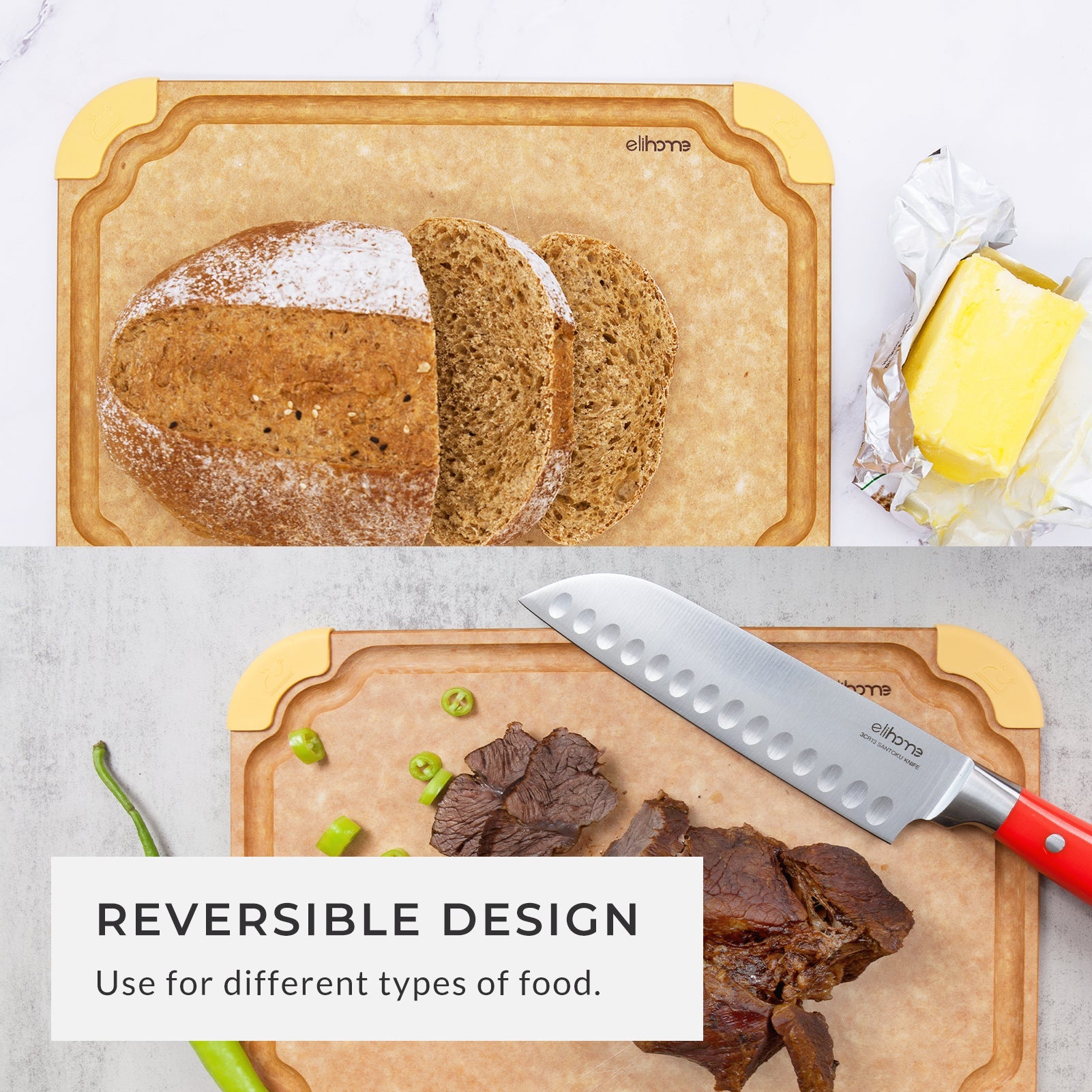 Premium reversible medium cutting board displaying sliced artisan bread on one side and sliced beef with a chef's knife on the other, highlighting its color-coded, non-slip design for safe food preparation with different food types.