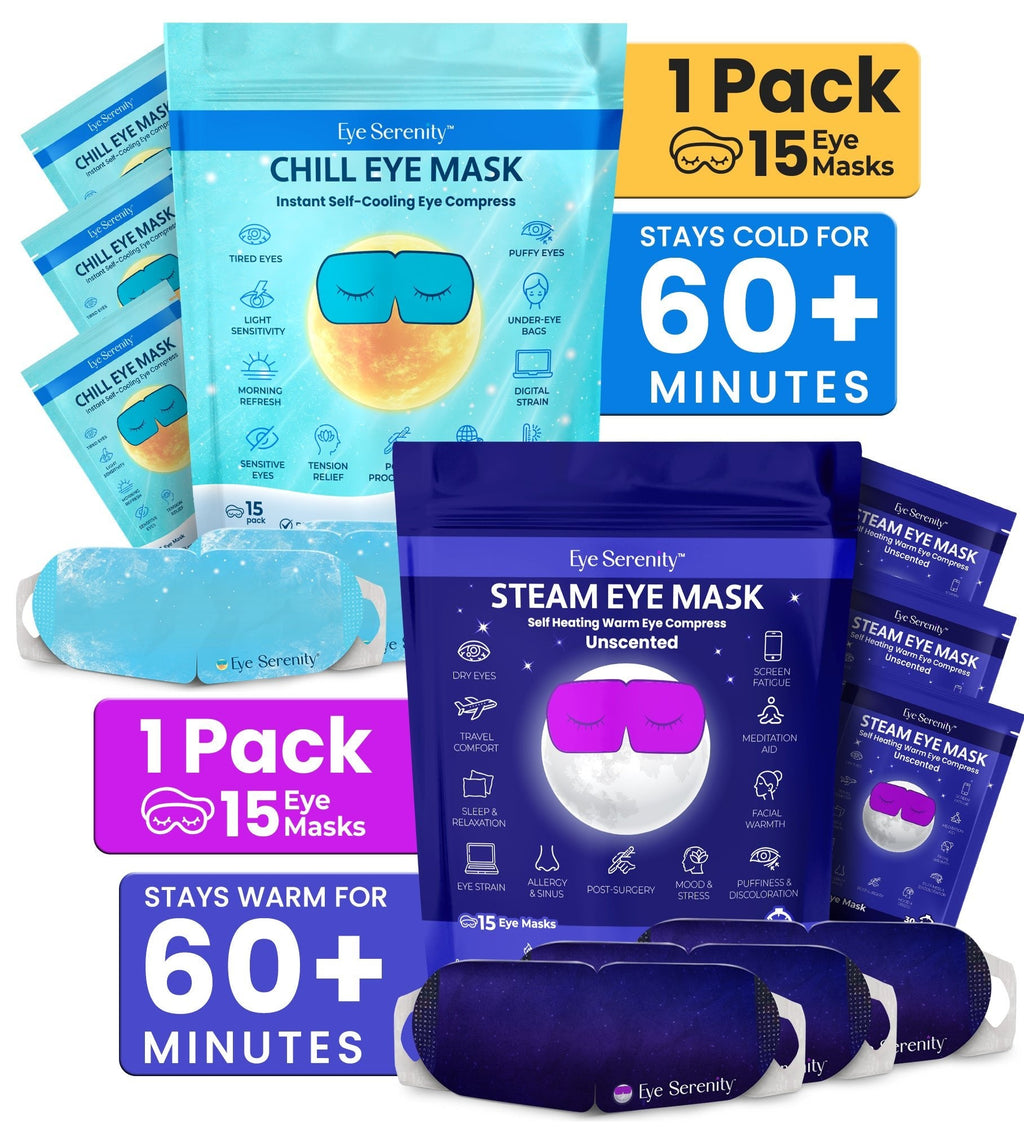 Eye Serenity Steam & Chill Eye Mask Bundle, 15 unscented self-heating steam masks and 15 cooling eye masks for dry, tired, puffy eyes, relaxation and sleep