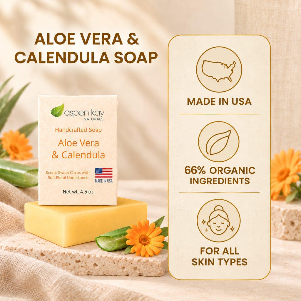 Aspen Kay Naturals Aloe Vera & Calendula soap bar displayed on a stone slab with orange flowers, next to its packaging box and an informational graphic highlighting made in USA, 66% organic ingredients, and suitability for all skin types.