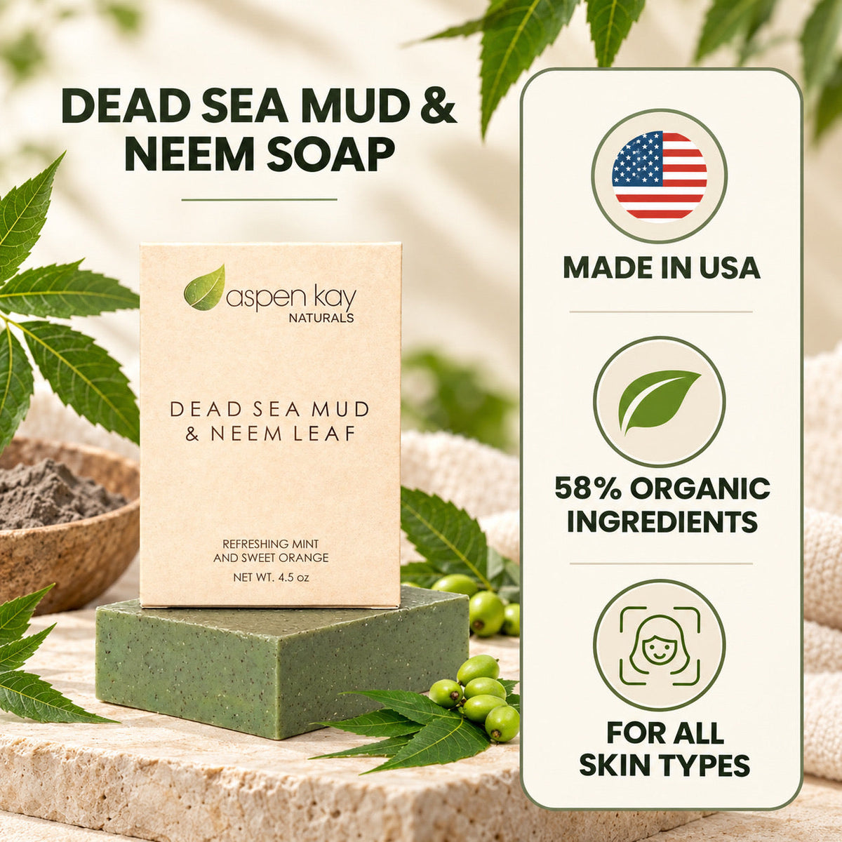 Aspen Kay Naturals Dead Sea Mud & Neem Leaf soap bar displayed on a stone surface with hemp leaves and a vertical badge listing benefits like Made in USA, 58% Organic Ingredients, and suitability for all skin types.