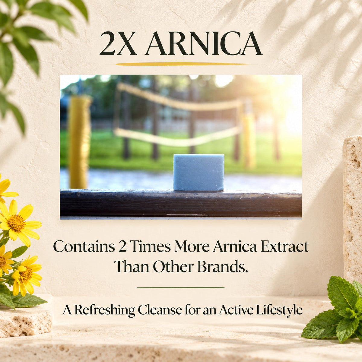A promotional product graphic for a bar of soap labeled '2X ARNICA.' The central photo shows a pale blue soap bar resting on a dark wooden surface outdoors, with blurred greenery and sunlight in the background.