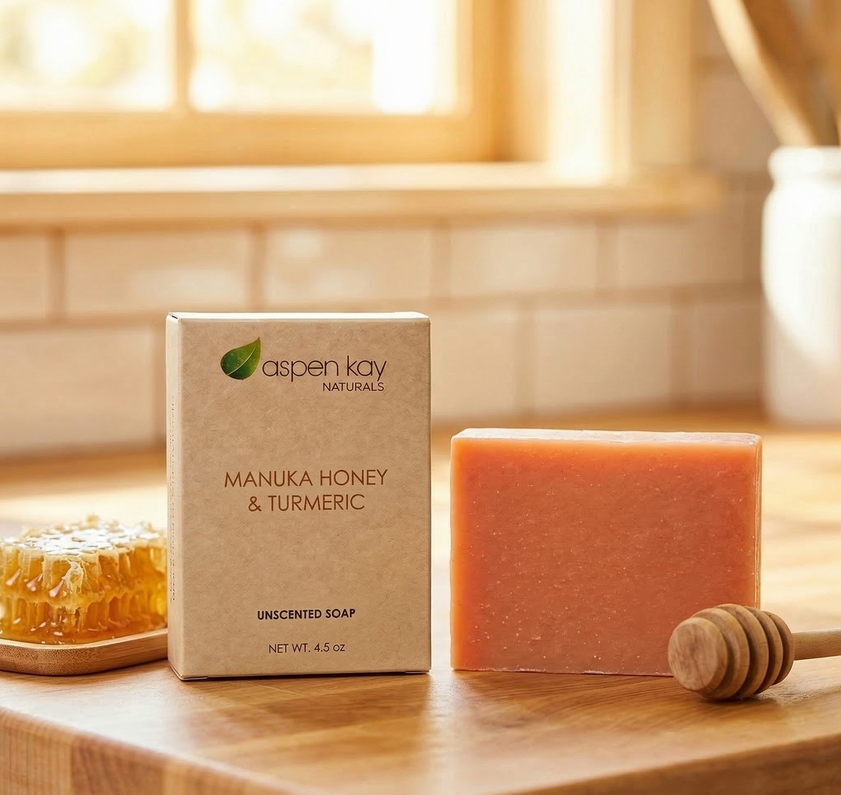 A bar of Aspen Kay Naturals Manuka Honey & Turmeric unscented soap stands next to its kraft paper packaging box on a wooden surface, with a honey dipper and honeycomb in a warm, softly lit kitchen setting.