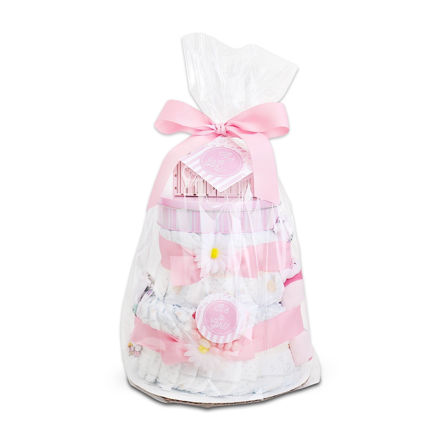 Gift bag with pink ribbons and baby-themed items on a white background. Sweet Baby Girl Diaper Cake Gift: 28 Huggies Diapers, Baby's First Tooth Box, Baby's First Curl Box, Layette Set, Hand & Foot Plaster Mold Kit.