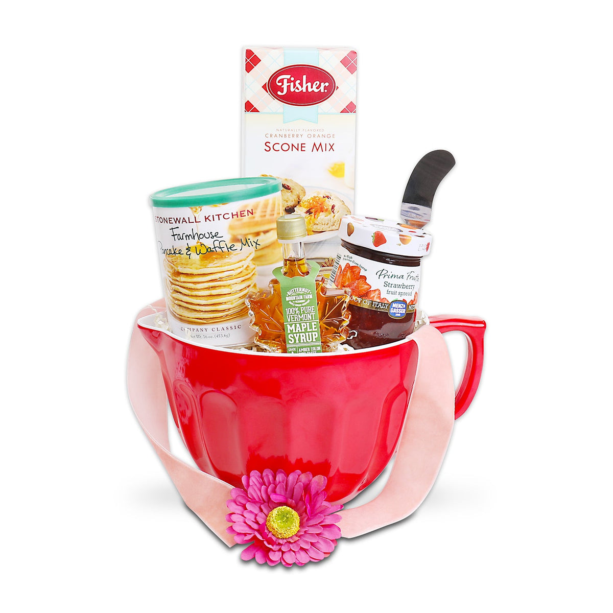 Home Made Morning Baking Gift Basket featuring a red ceramic mixing bowl filled with gourmet breakfast favorites including pancake and waffle mix, cranberry orange scone mix, strawberry preserves, pure Vermont maple syrup, honey, a spatula, and a decorative pink flower. Home Made Morning Baking Gift Basket: Vermont Maple Syrup, Pancake &amp; Waffle Mix, Fisher Original Fair Scone &amp; Shortbread Mix, Fresh Fruit Jam, Stainless Steel Spread Knife, Red Mixing Bowl with Handle