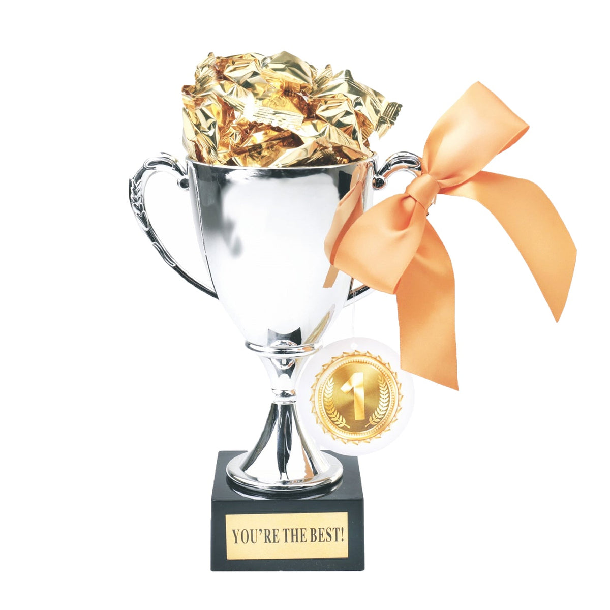 Silver trophy gift basket with gold rose and orange ribbon on a white background. You're # 1 Gift Trophy Candy Basket filled with Foil Wrapped Butterscotch Hard Candies 6oz
