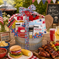 Grillin and Chillin BBQ gift basket with gourmet grilling seasonings, dry glaze, pistachios, BBQ accessories and patriotic summer décor