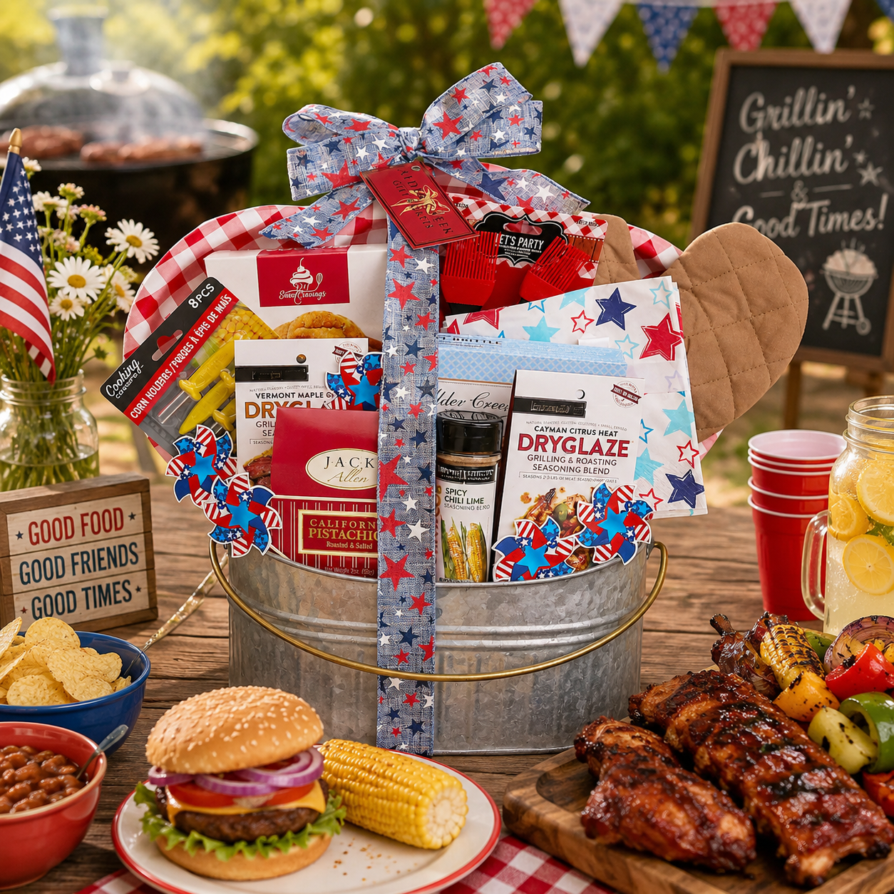 Grillin and Chillin BBQ gift basket with gourmet grilling seasonings, dry glaze, pistachios, BBQ accessories and patriotic summer décor