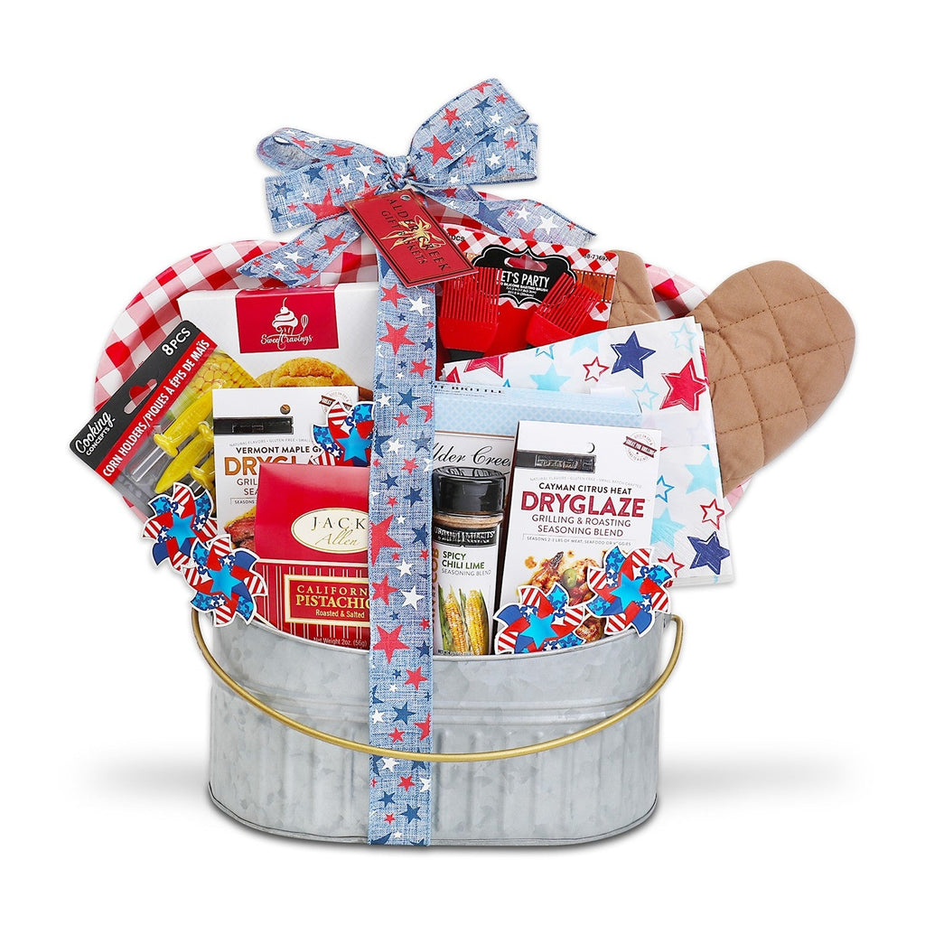 Grillin and Chillin BBQ gift basket with gourmet grilling seasonings, dry glaze, pistachios, BBQ accessories, oven mitt and patriotic red white and blue summer décor