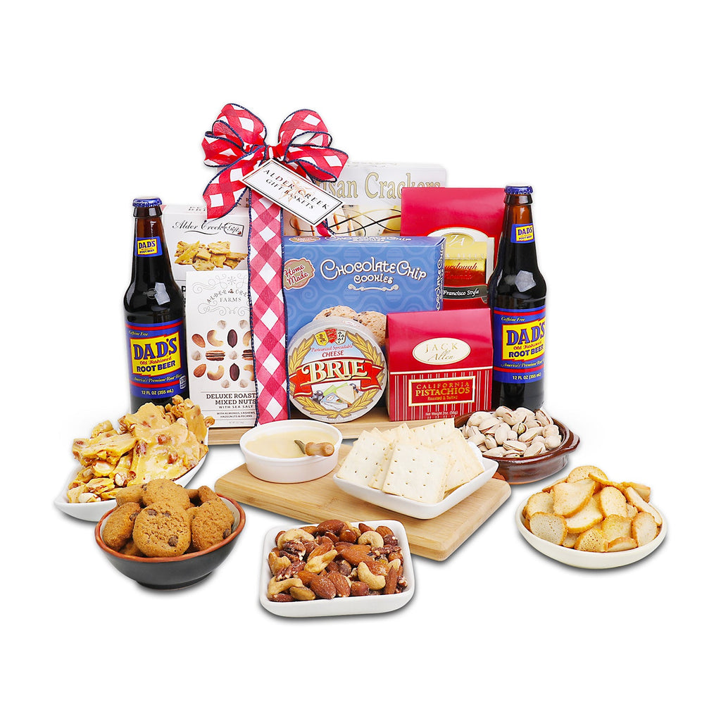 Summer Celebrations gourmet charcuterie gift basket with Dad's Root Beer, brie cheese, crackers, pistachios, mixed nuts, cookies and peanut brittle
