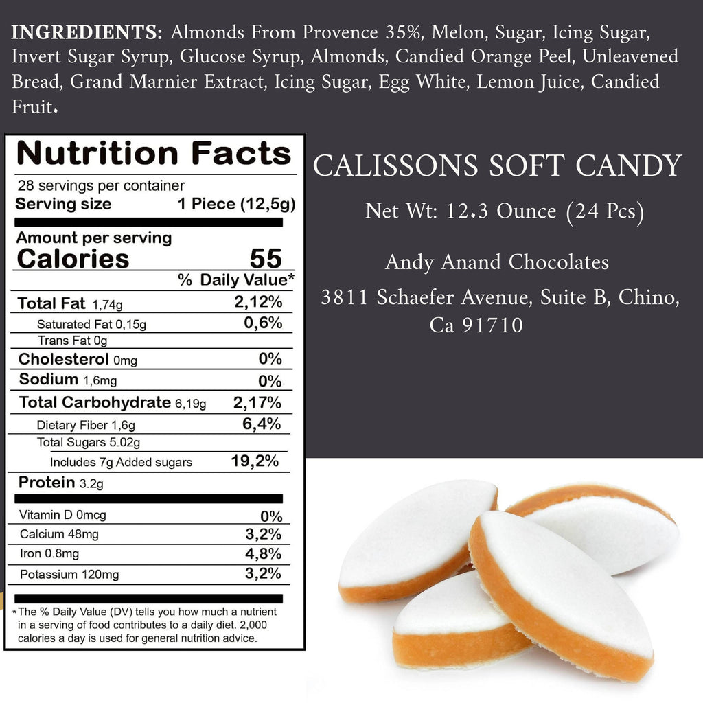 Andy Anand Calissons de Provence, 28 Pcs Soft Almond Paste with Candied Melon and Orange Calisson  (12.3 oz), Sweet Delight: Imported, French Candy Box for Any Occasion
