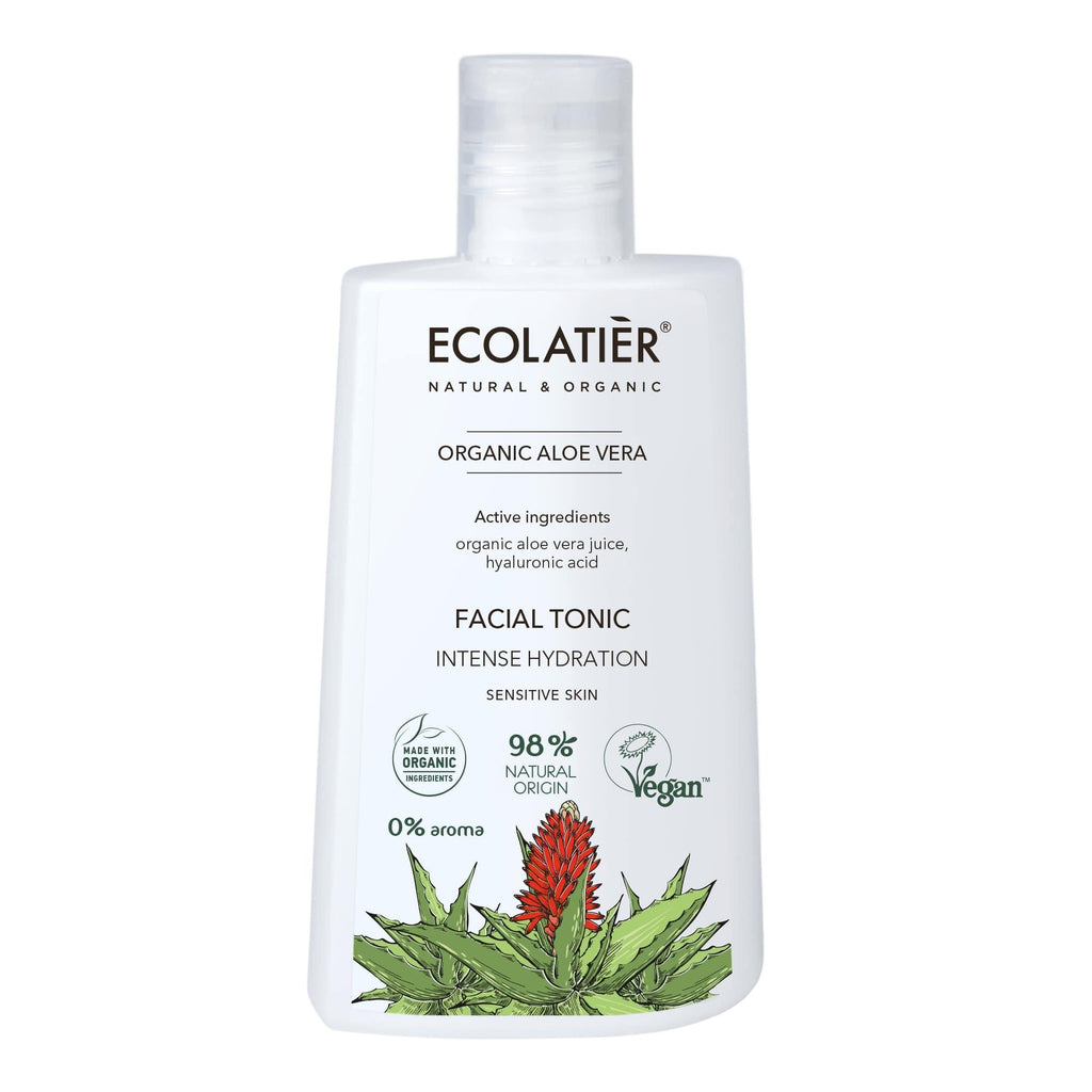 Ecolatier Organic Aloe Vera Facial Tonic Intense Hydration for Sensitive Skin, vegan natural face toner with hyaluronic acid and organic aloe vera juice, 98% natural origin hydrating skincare bottle.