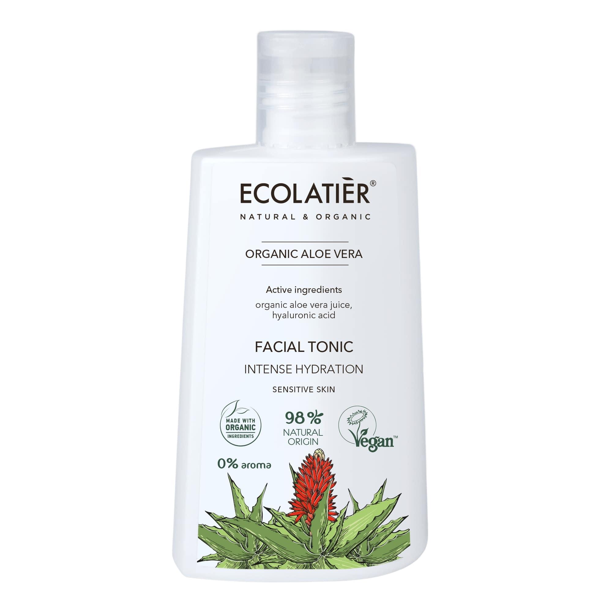 Ecolatier Organic Aloe Vera Facial Tonic Intense Hydration for Sensitive Skin, vegan natural face toner with hyaluronic acid and organic aloe vera juice, 98% natural origin hydrating skincare bottle.