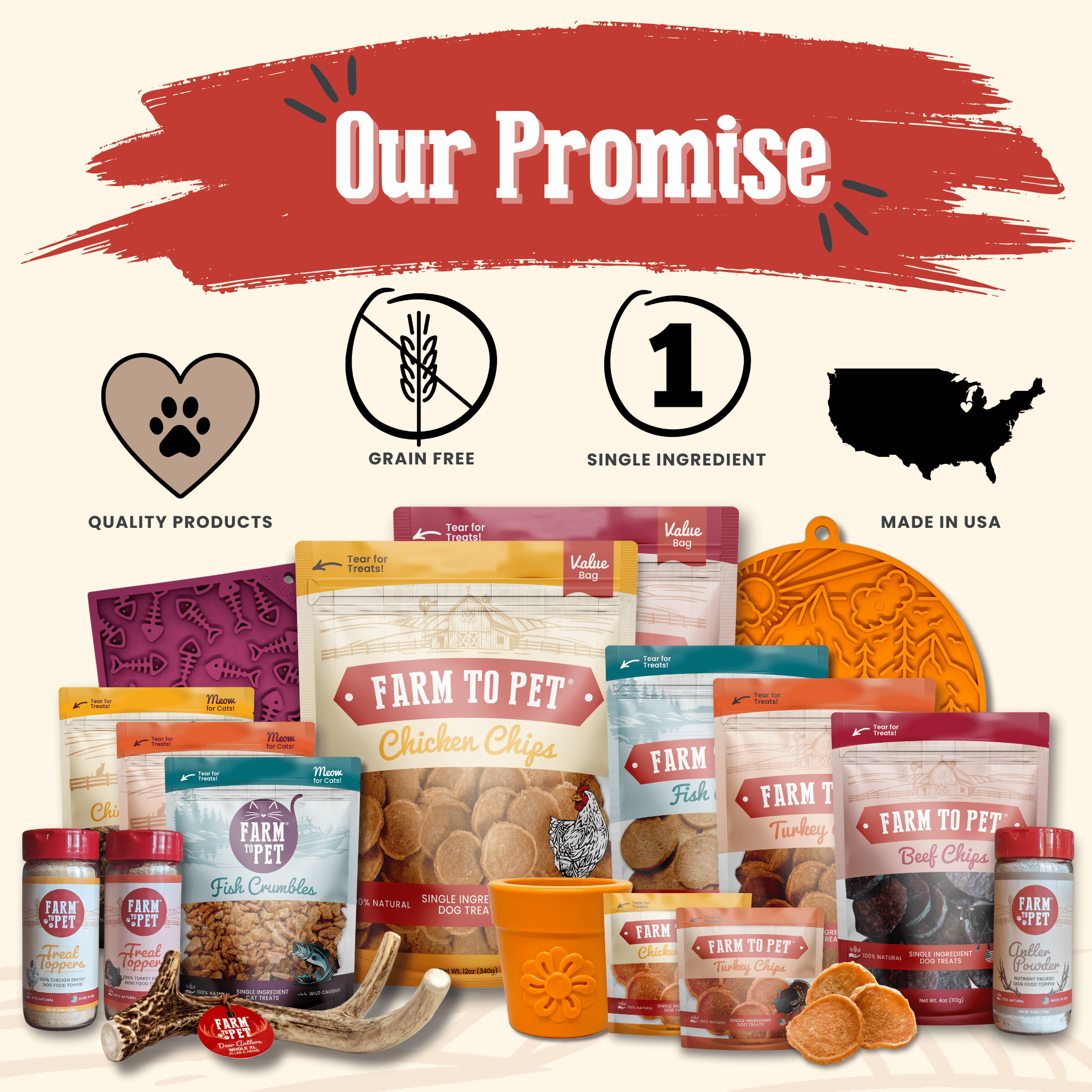 Assorted pet food products with branding elements and 'Our Promise' text on a white background. Single Ingredient Dog Treats