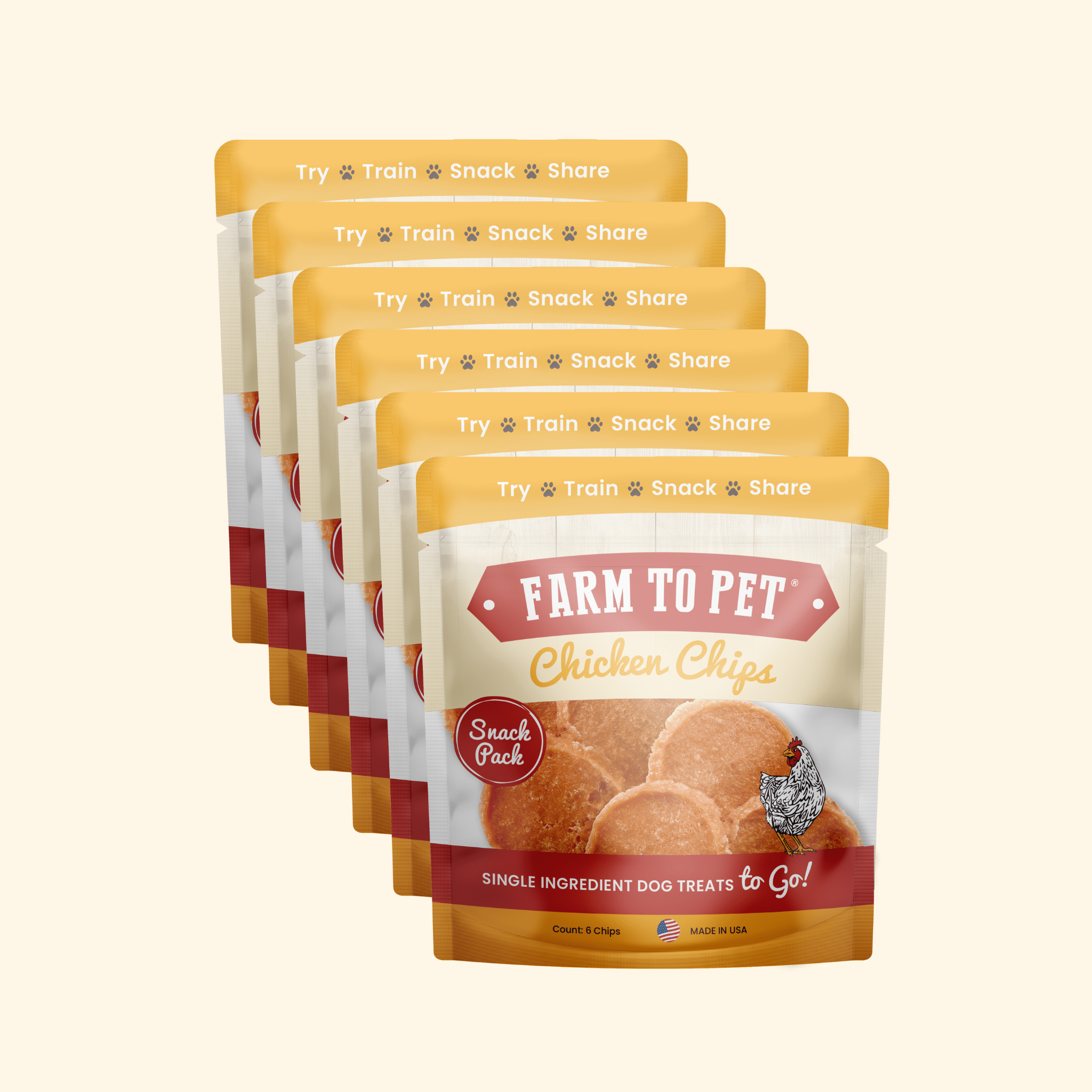 Packaging of Farm to Pet Chicken Chips dog treats on a white background. Single Ingredient Dog Treats