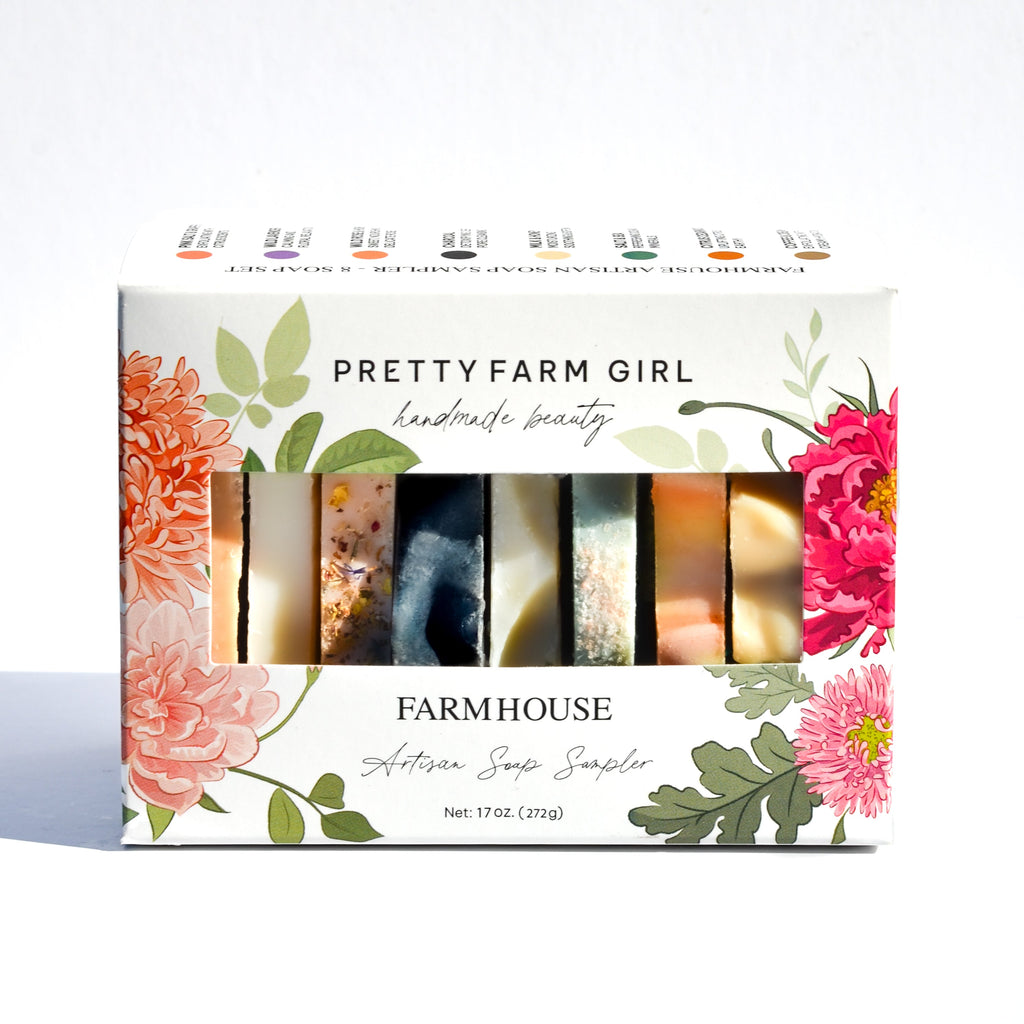 Pretty Farm Girl farmhouse artisan soap sampler packaging with floral design