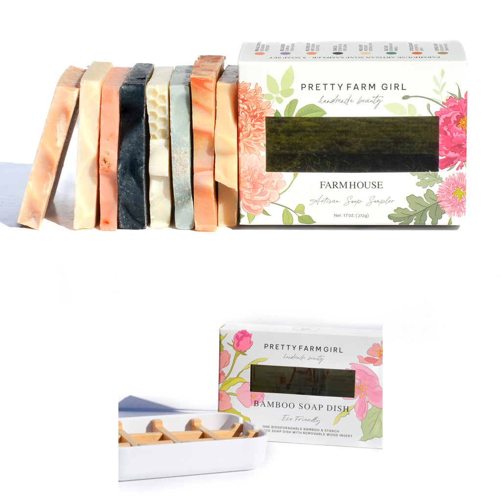 Set of colorful soap bars and a bamboo soap dish with 'Pretty Farm Girl' packaging on a white background.