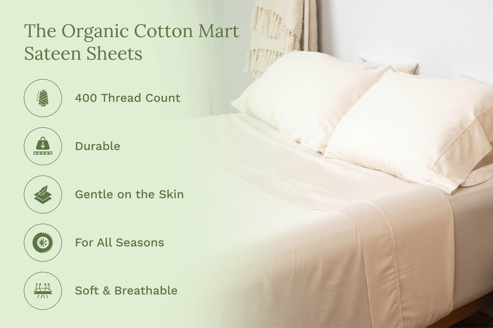 Bed with white bedding labeled as 'The Organic Cotton Mart Sateen Sheets' with features listed. Organic Sateen Bed Sheets Set