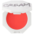 Fenty Beauty Cheeks Out Lightweight Cream Blush in an open white hexagonal compact, featuring a vibrant coral-red cream blush with a smooth matte finish.