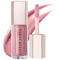 Fenty Beauty Gloss Bomb Explosive Shine lip gloss with open applicator, shimmering rose pink gloss, and matching swatch on a white background.