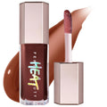 Fenty Beauty Gloss Bomb Heat lip plumping gloss with doe-foot applicator, rich deep brown shade swatch, and branded packaging on a white background.