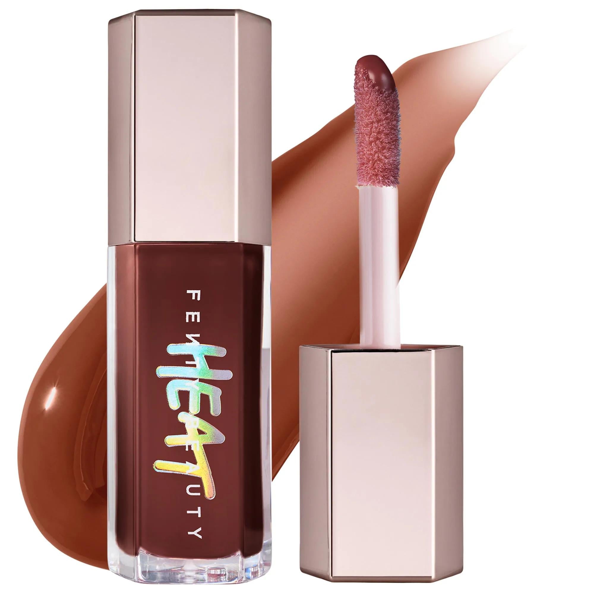 Fenty Beauty Gloss Bomb Heat lip plumping gloss with doe-foot applicator, rich deep brown shade swatch, and branded packaging on a white background.