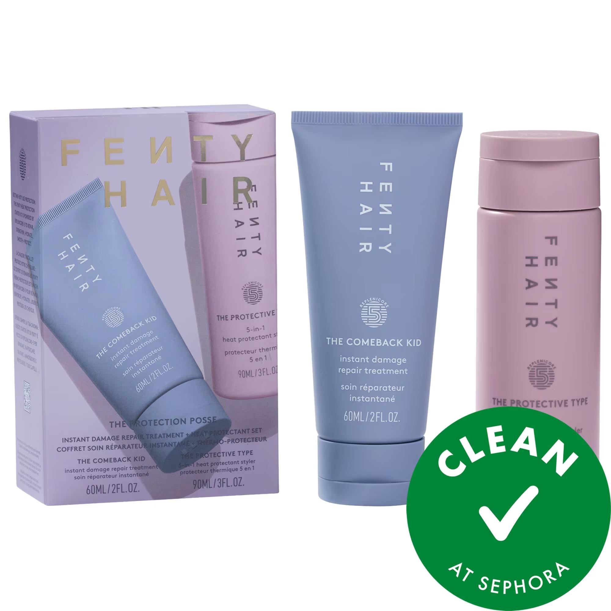 Fenty Hair The Comeback Kit set including a purple and pink box, a light blue treatment tube, and a pink bottle, with a green 'Clean at Sephora' badge overlay.