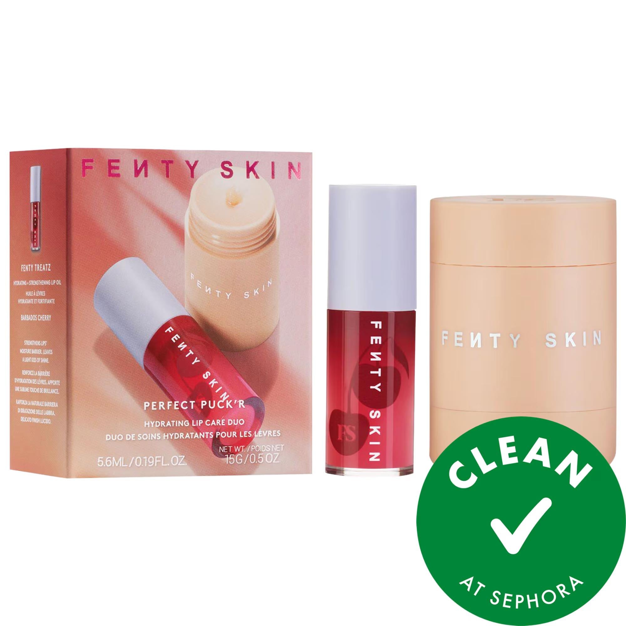 Fenty Skin Perfect Puckin Hydrating Lip Care Duo set, featuring the pink and peach-colored product box, a red and white lip treatment tube, and a beige puck container, with a green 'Clean at Sephora' badge overlay on a white background. Clean Beauty
