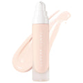 Fenty Beauty Pro Filt'r Soft Matte Longwear Liquid Foundation bottle with soft nude foundation swatch on a white background. Vegan, full-coverage matte liquid foundation for long-lasting shine control.