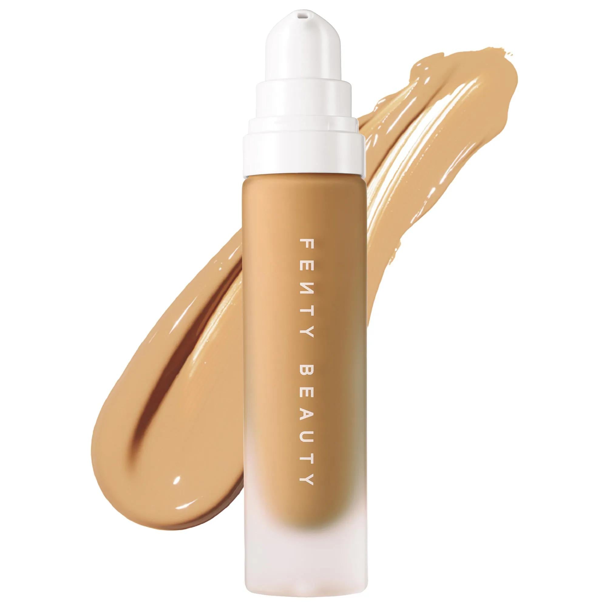 Fenty Beauty Pro Filt'r Soft Matte Longwear Liquid Foundation bottle with beige matte foundation swatch, vegan, cruelty-free, long-wear full-coverage liquid makeup for a smooth shine-free finish.