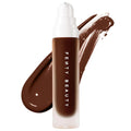 Fenty Beauty Pro Filt'r Soft Matte Longwear Liquid Foundation in Shade 485 with a rich deep brown tone, full-coverage matte finish, vegan and cruelty-free formula, shown in sleek pump packaging against a matching foundation swatch on a clean white background.