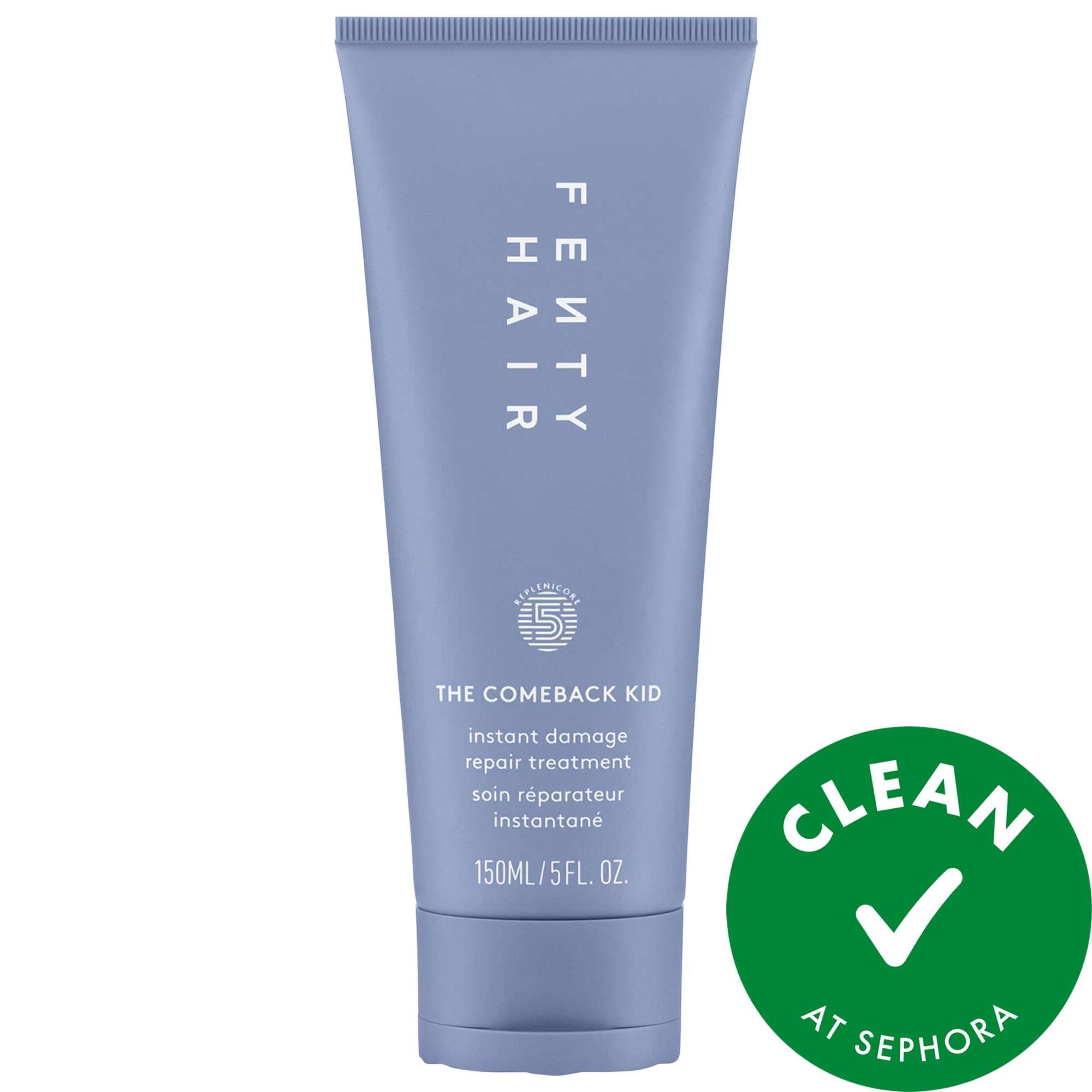Fenty Beauty by Rihanna The Comeback Kid Instant Damage Repair Hair Treatment in a blue 150 mL tube on a white background with a green Clean at Sephora badge.