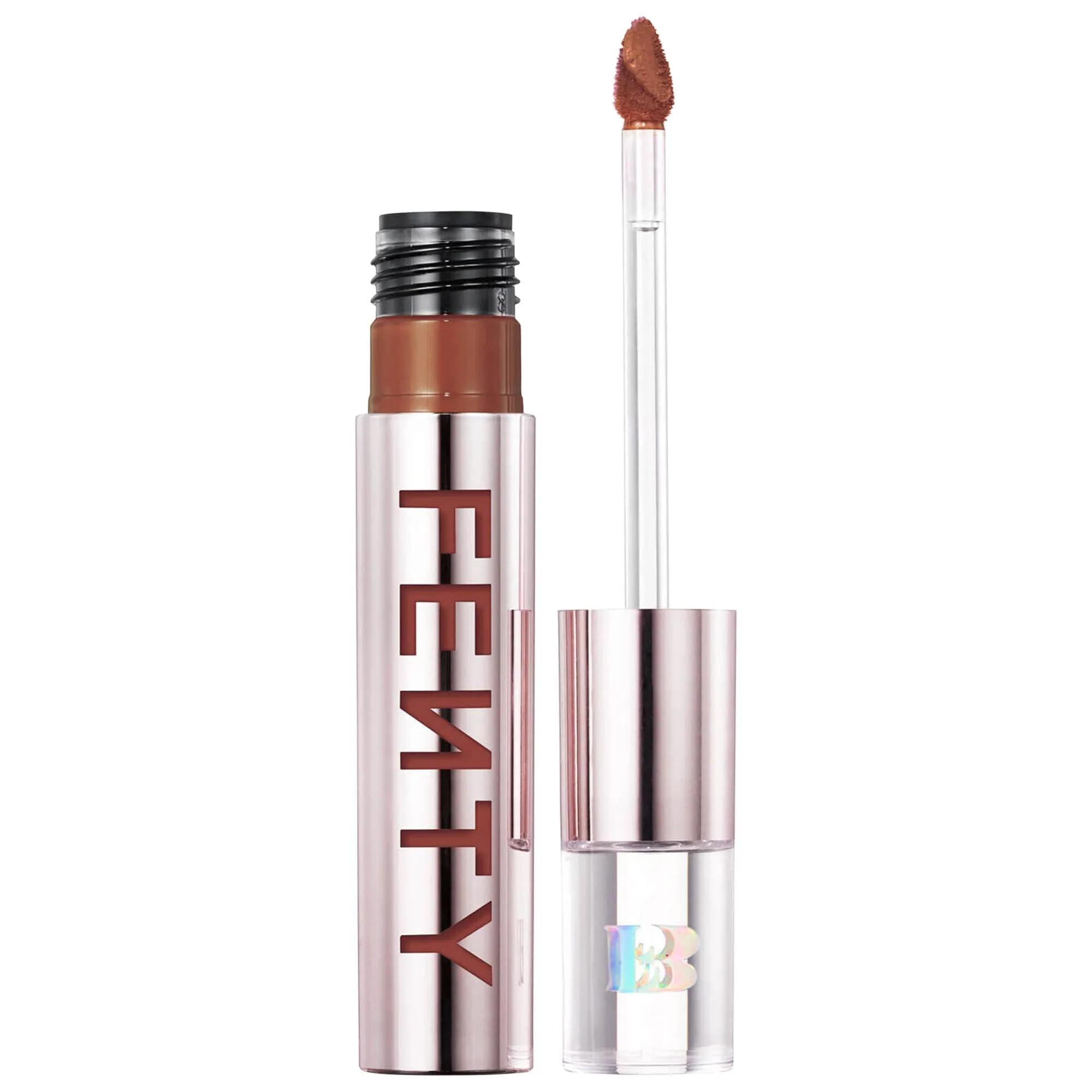 Fenty Beauty Icon Velvet Liquid Lipstick with doe-foot applicator in warm brown shade on a white background.