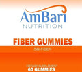 AmBari Nutrition Fiber Gummies 5G dietary fiber supplement bottle label with 60 gummies packaging in orange and white design. Fiber Gummies - 5G Dietary Fiber Supplement, 60 Gummies per Bottle (20 servings)