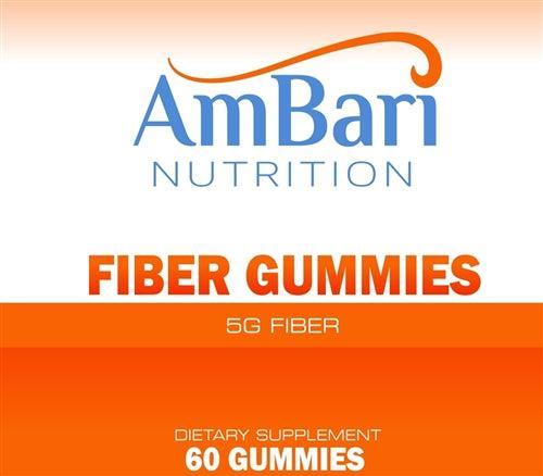 AmBari Nutrition Fiber Gummies 5G dietary fiber supplement bottle label with 60 gummies packaging in orange and white design. Fiber Gummies - 5G Dietary Fiber Supplement, 60 Gummies per Bottle (20 servings)