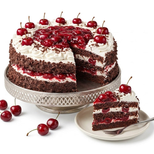 Chocolate cherry cake with a slice on a plate, surrounded by cherries on a white background