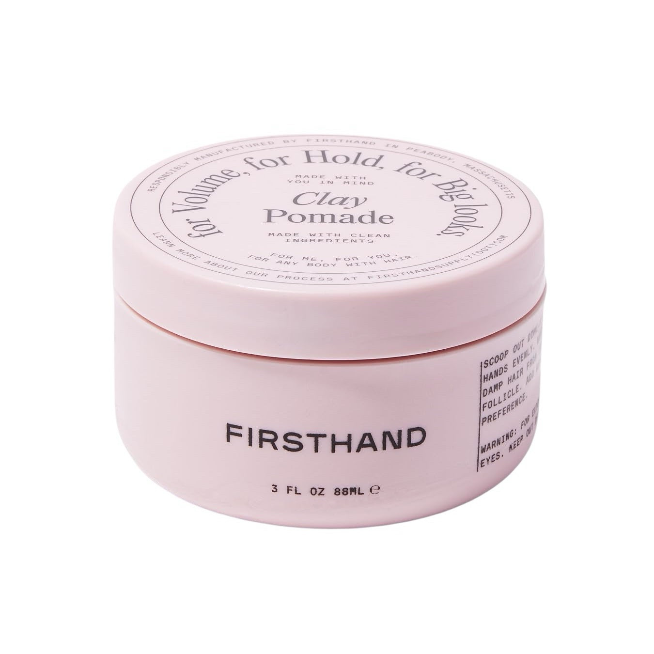 Firsthand Supply Clay Pomade in a 3 oz reusable jar with a strong-hold, matte-finish, water-based styling clay for adding volume, texture, and definition to short hairstyles on a white background.
