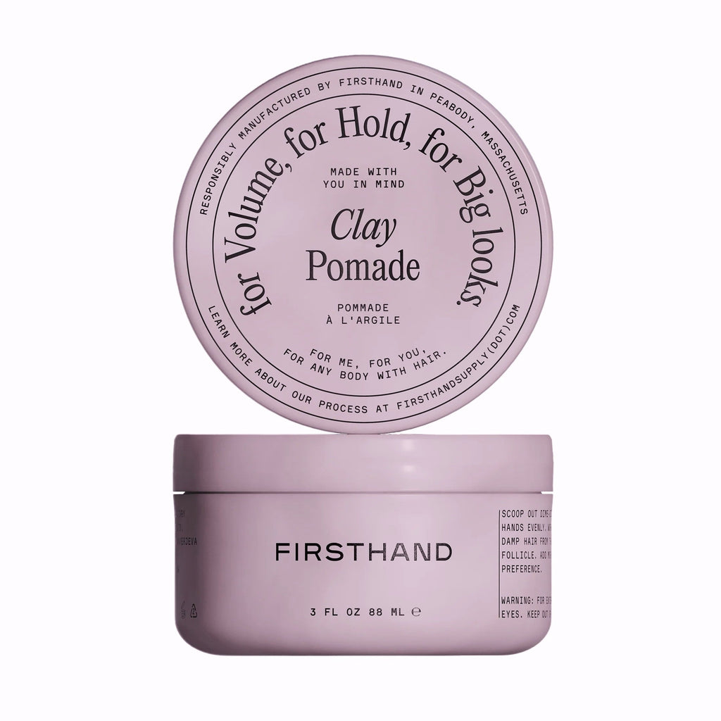 Firsthand Supply Clay Pomade in a reusable jar with matte-finish, strong-hold water-based hair styling clay for added volume and texture on a white background.