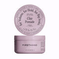 Firsthand Supply Clay Pomade in a reusable jar with matte-finish, strong-hold water-based hair styling clay for added volume and texture on a white background.