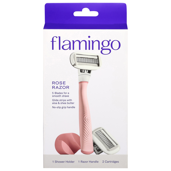 Flamingo rose razor packaging with a white background. Flamingo Rose Razor
