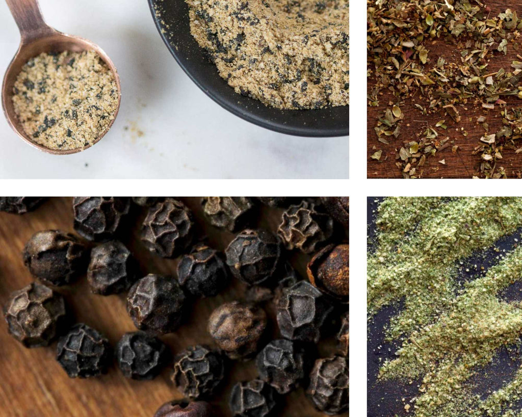 Four-panel collage featuring gourmet salad seasoning blends and premium spices, including whole black peppercorns, dried herbs, cracked pepper, and finely ground herb seasoning. Perfect for fresh salads, vegetables, marinades, and everyday cooking.