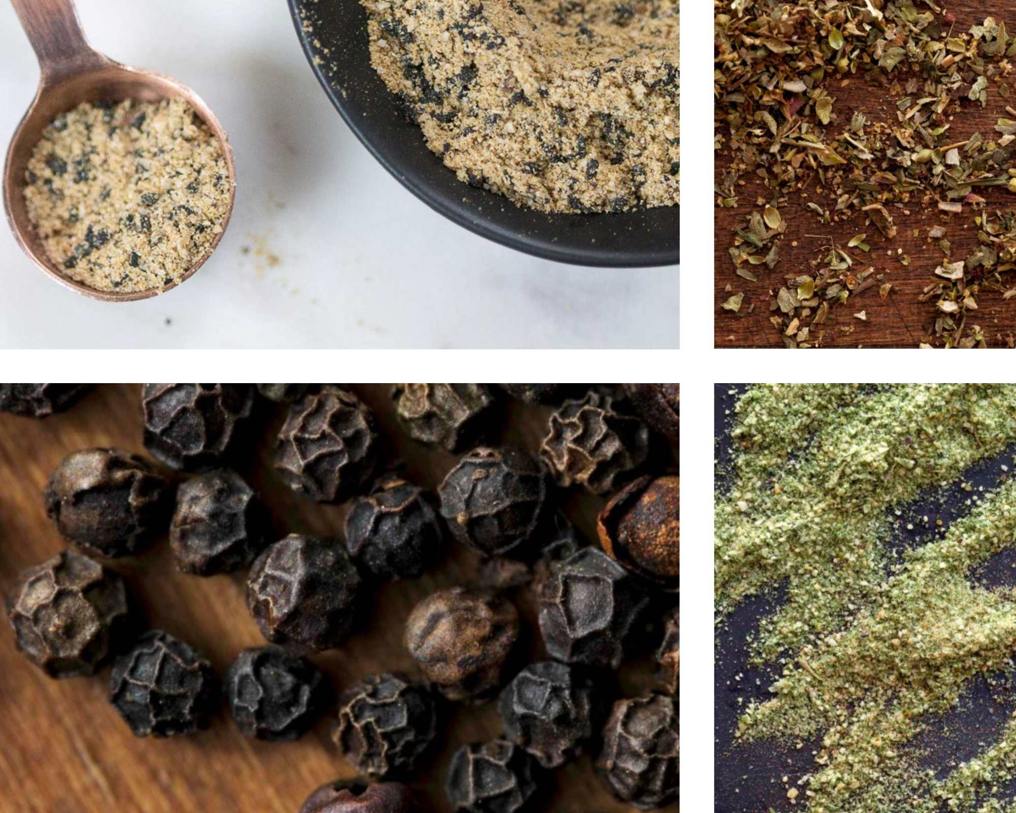 Four-panel collage featuring gourmet salad seasoning blends and premium spices, including whole black peppercorns, dried herbs, cracked pepper, and finely ground herb seasoning. Perfect for fresh salads, vegetables, marinades, and everyday cooking.