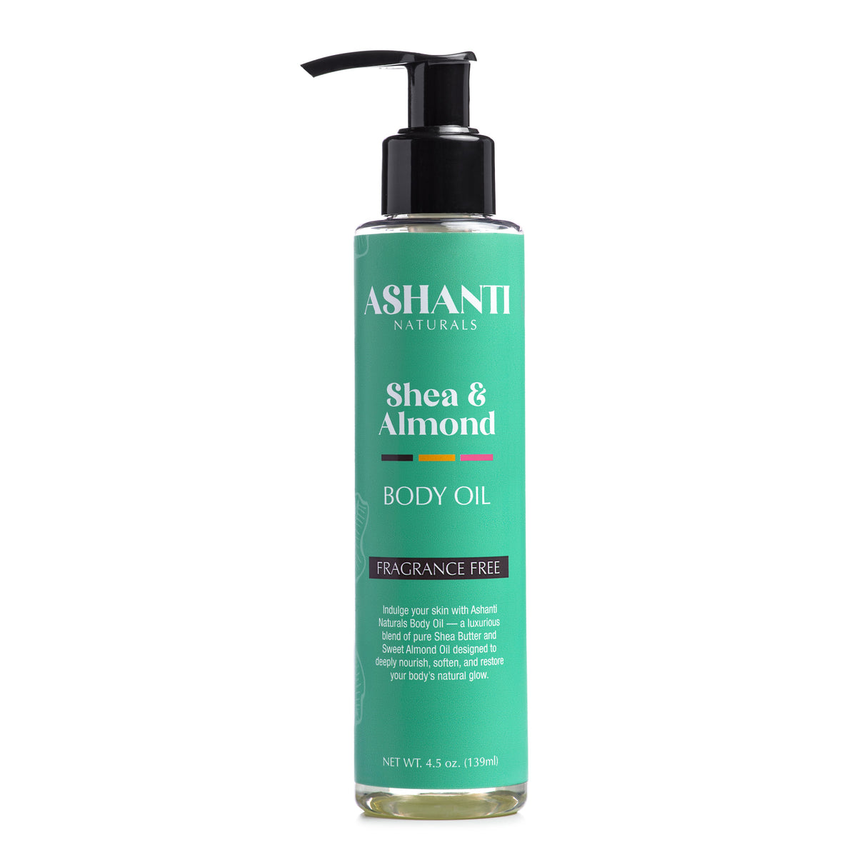 Ashanti Naturals Fragrance-Free Shea & Sweet Almond Body Oil in 4.5 oz pump bottle for sensitive skin on white background, moisturizing body oil with shea butter and sweet almond oil, fragrance-free skincare moisturizer