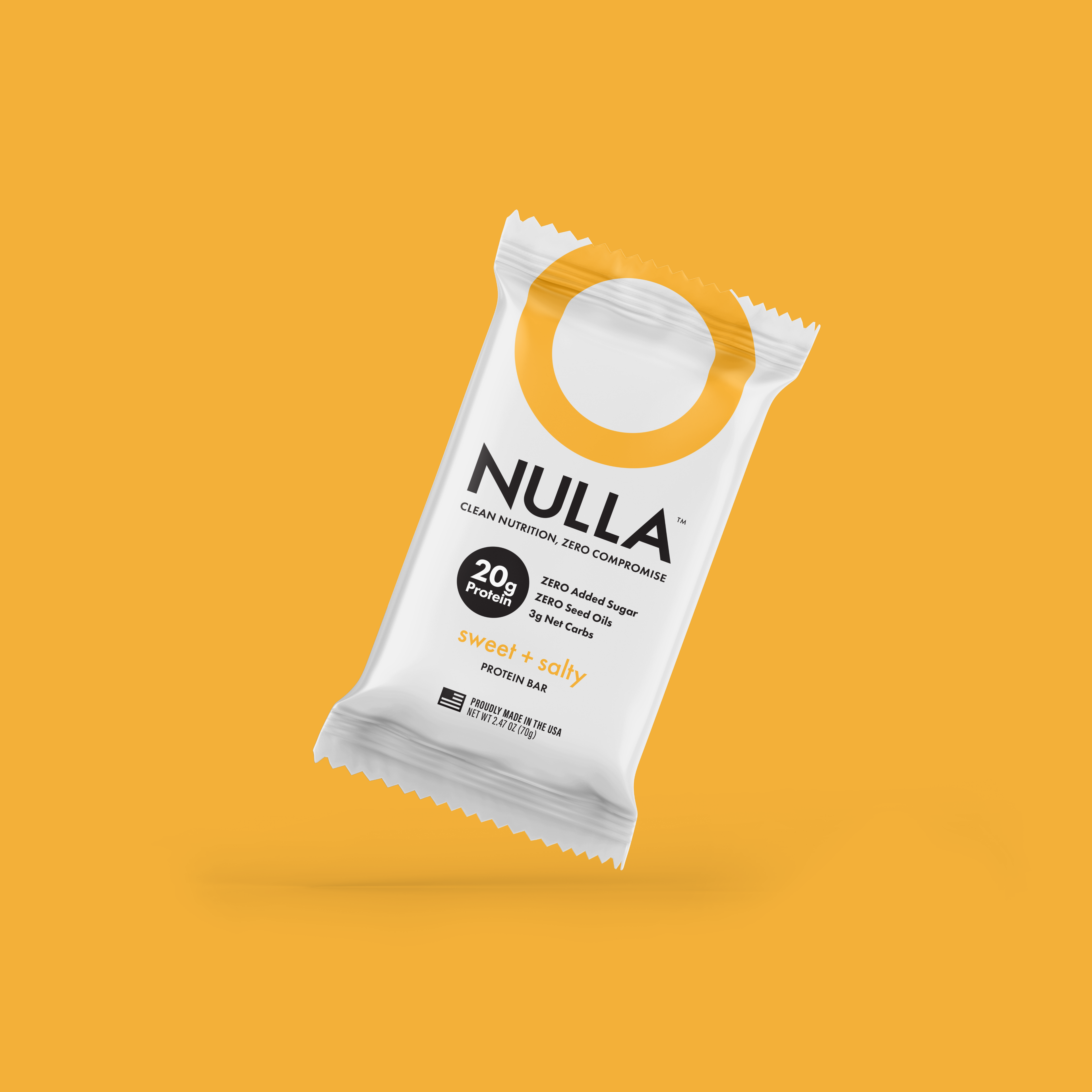 NULLA protein bar packaging on a yellow background